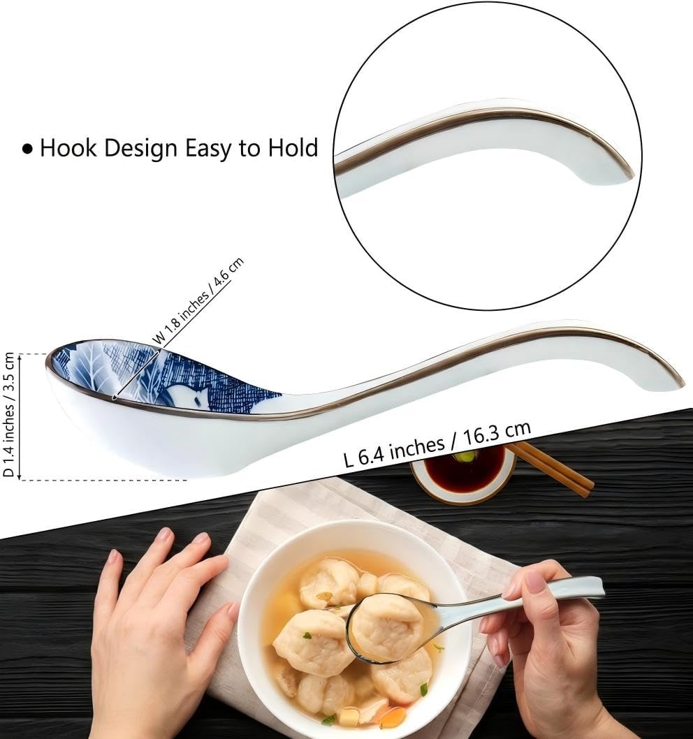 Ceramic Asian Soup Spoons, Easy to Hold, Long Handle Perfect Depth Spoon Set for Japanese Ramen Noodles, Chinese Dumpling, Pho, Miso, Wonton, Dishwasher Safe -Set of 4 - Blue