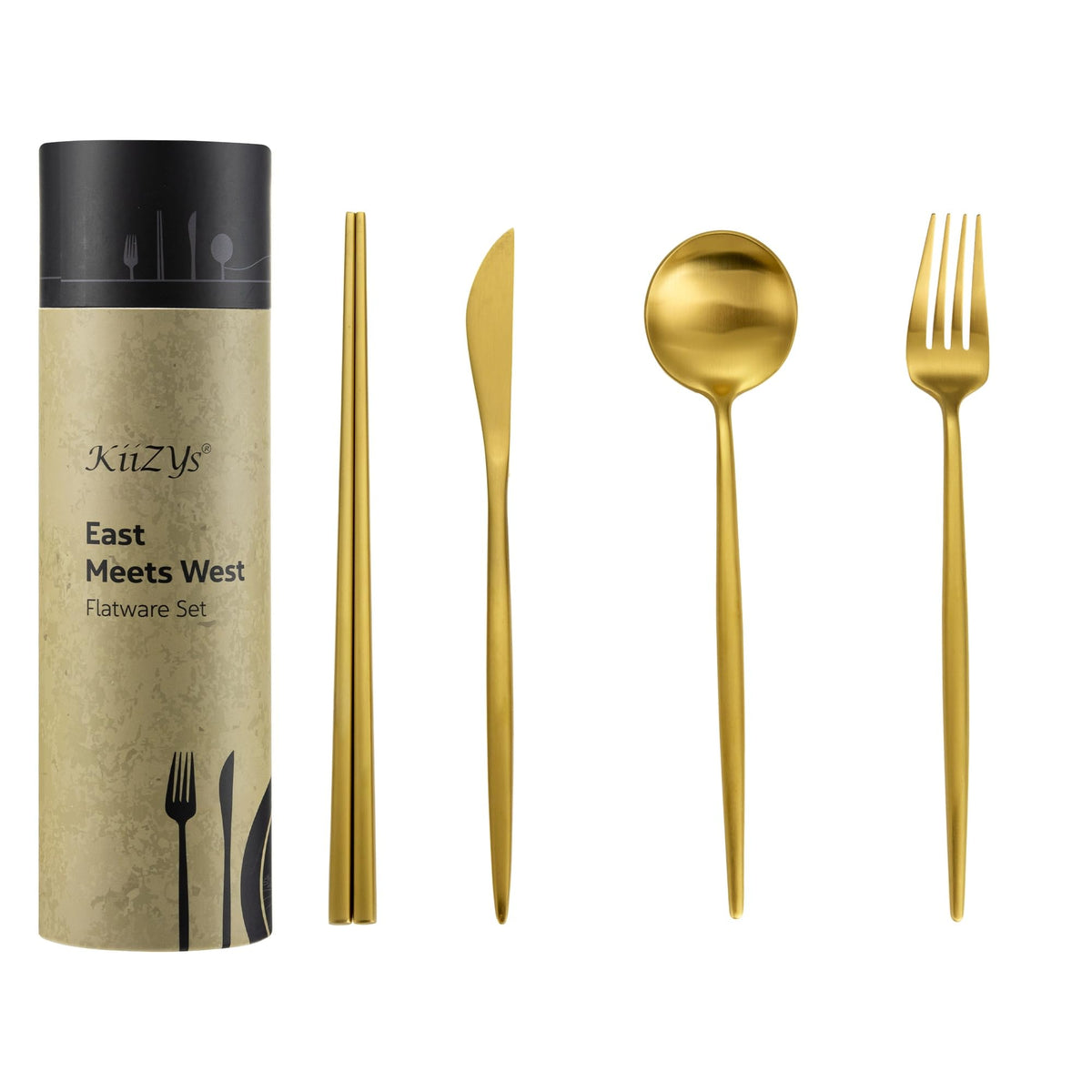 KiiZYs Matte Black Flatware Set - 14-piece Modern Silverware Set Stainless Steel Utensils - Metal Chopsticks Kitchen Cutlery Fork Spoon Knife - Dishwasher Safe House Warming Gift Box (Black, 2 Sets)