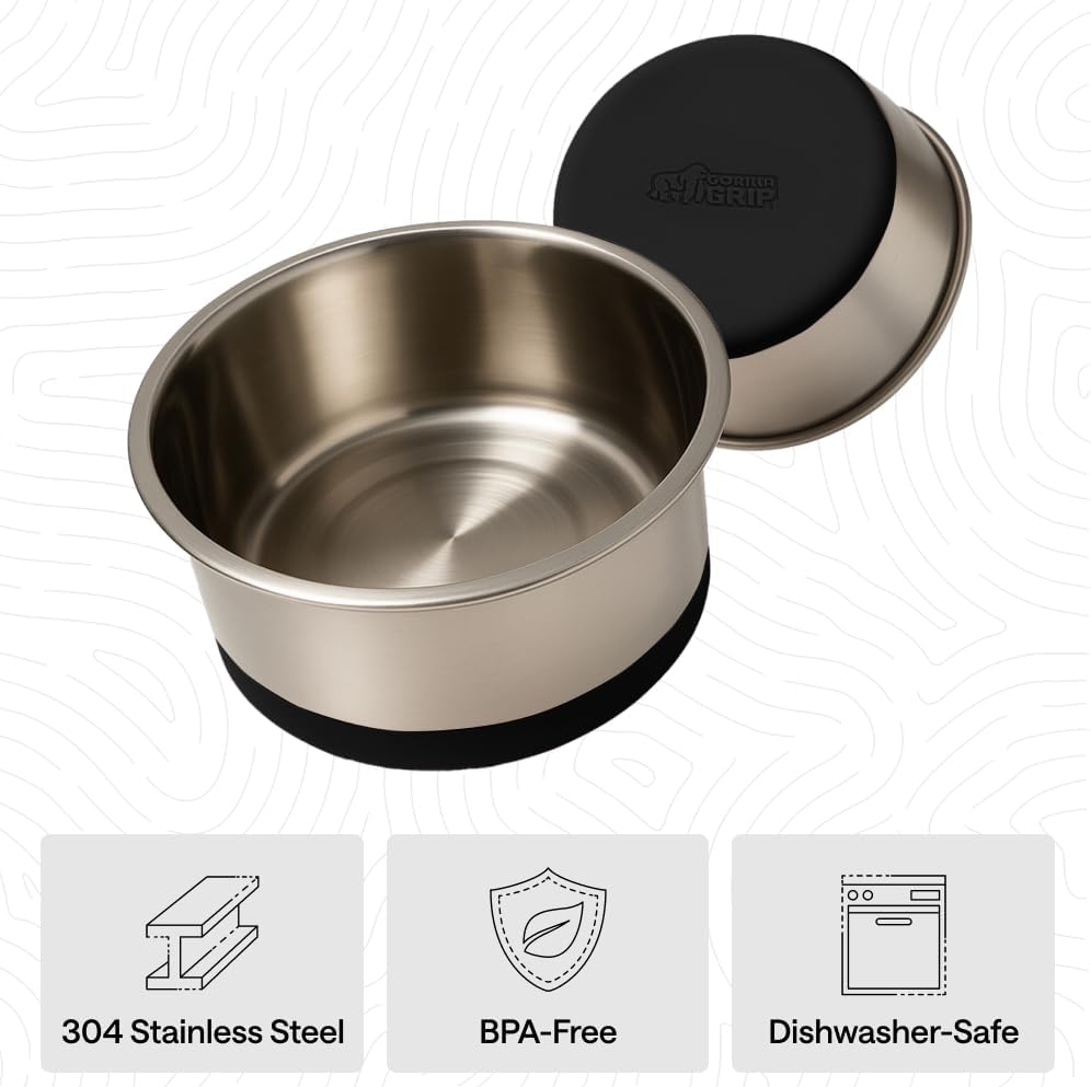 GORILLA GRIP Dog Bowls, Food Grade 304 Stainless Steel, Holds 2 US Cups Each (16 fl oz) Food and Water Bowl for Feeding Dogs and Cats, Dishwasher Safe, Rust Resistant BPA Free Rubber Base, 2 Set Black