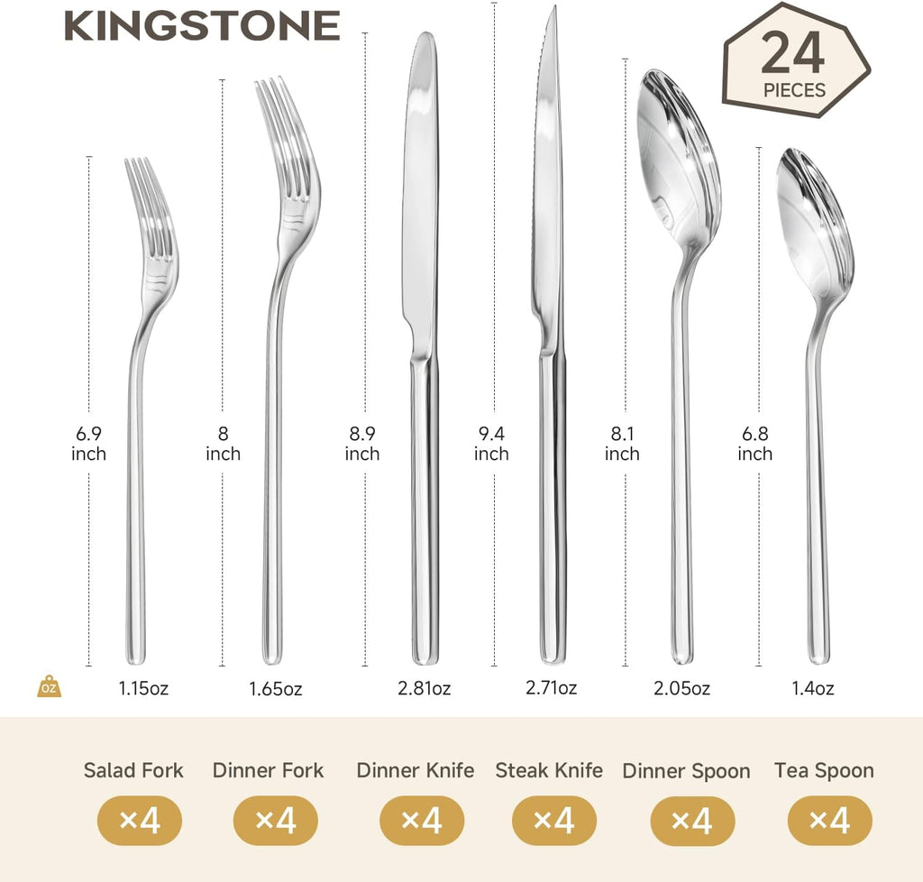 24-Piece Silverware Set with Steak Knives, Flatware Set for 4, 18/10 Stainless Steel Tableware Cutlery Set for Home Restaurant, Mirror Finish,Modern Design