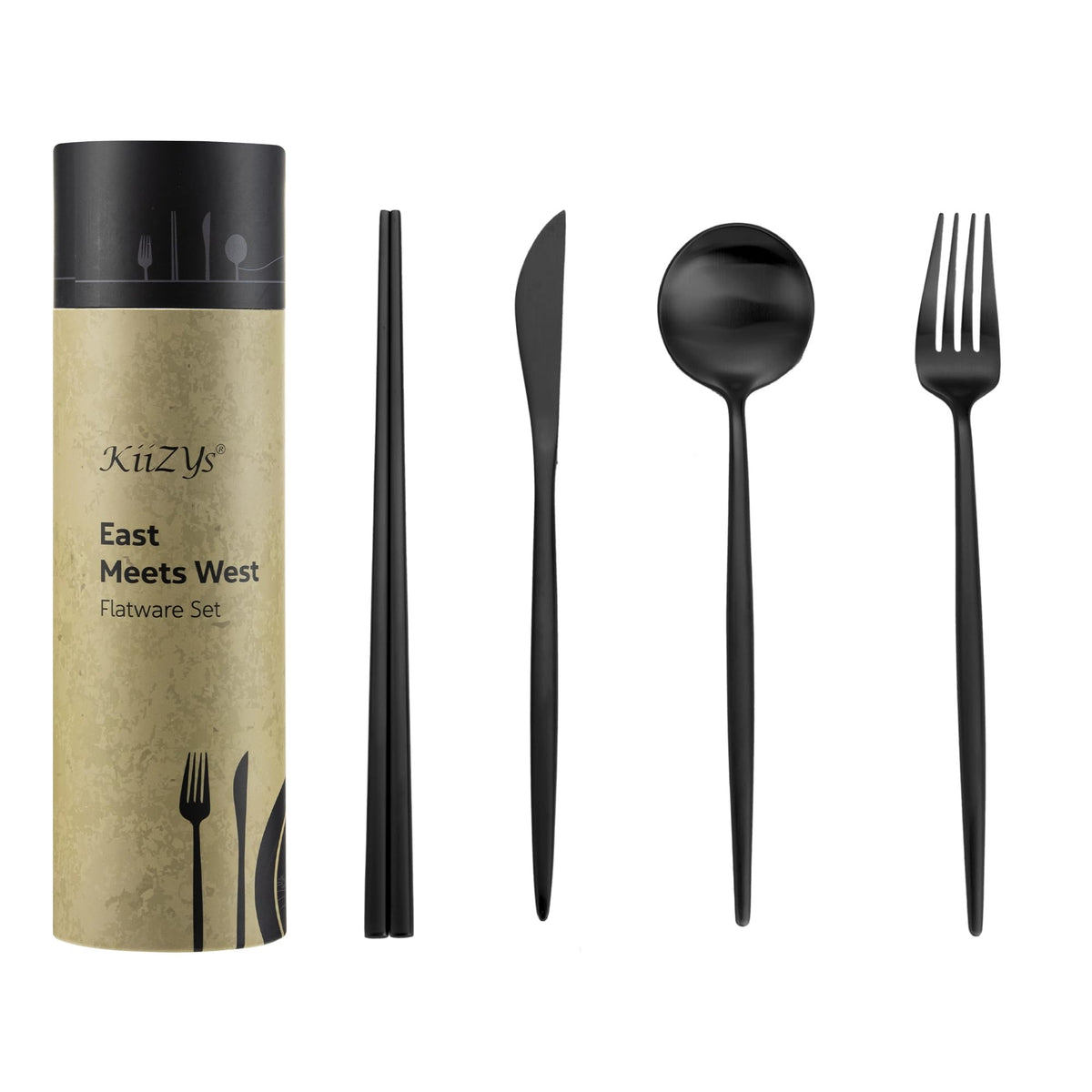 KiiZYs Matte Black Flatware Set - 14-piece Modern Silverware Set Stainless Steel Utensils - Metal Chopsticks Kitchen Cutlery Fork Spoon Knife - Dishwasher Safe House Warming Gift Box (Black, 2 Sets)