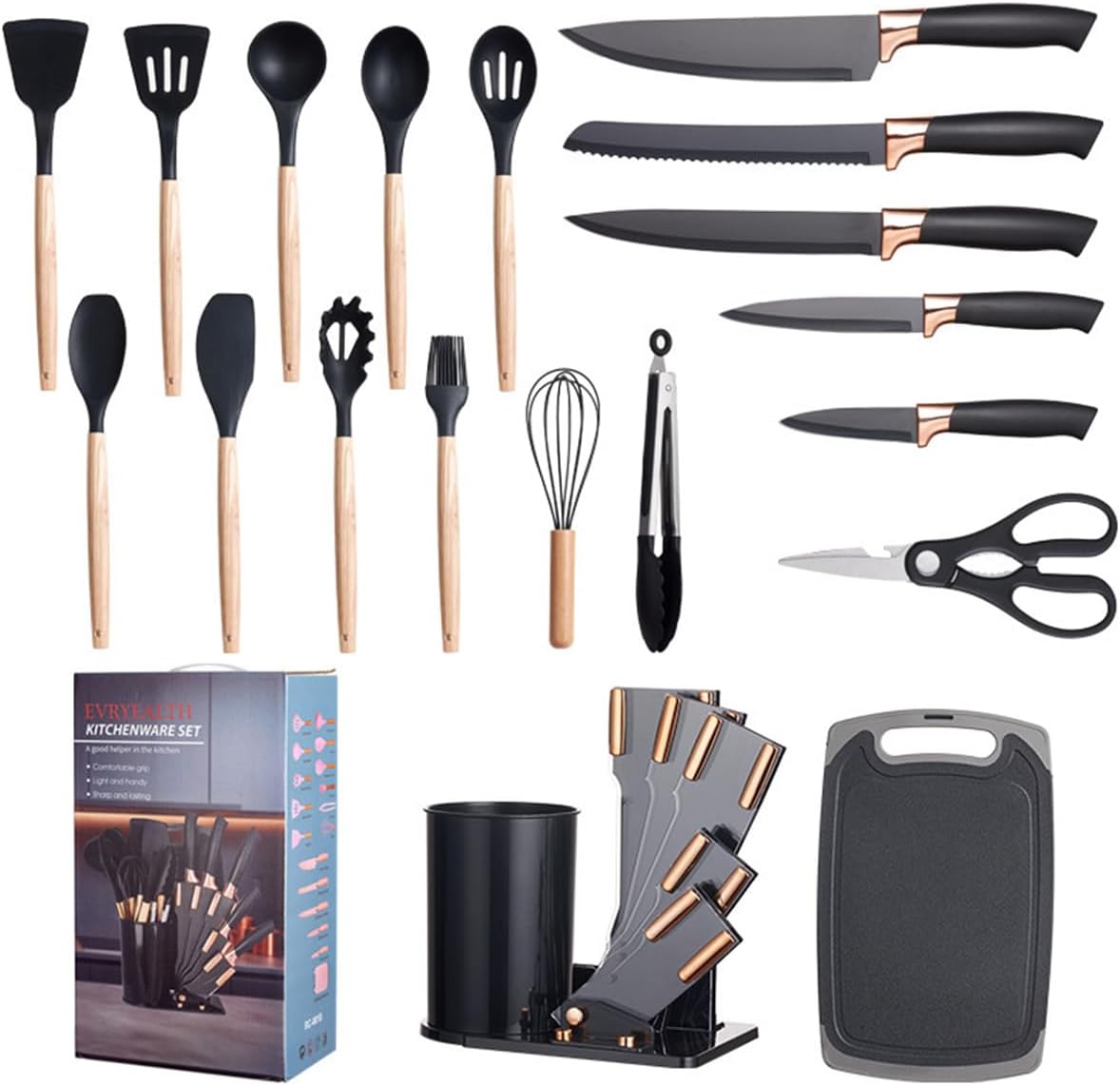19 Pieces Kitchen Cooking Utensils and Knife Set with Holder Block, Include 11 Pcs Silicone Cooking Utensils 5 Pcs Sharp Stainless Steel Knives Scissors Whisk Tongs and Cutting Board (WHITE)