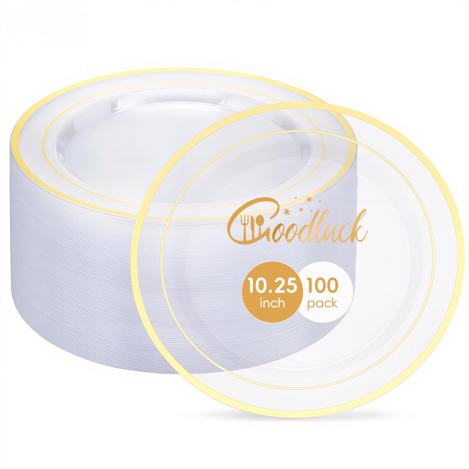 100 Pack 10.25 Inch Gold Rim Plastic Dinner Plates | Heavy Duty Disposable Plastic Party Plates Bulk for Wedding, Birthday & Daily Use