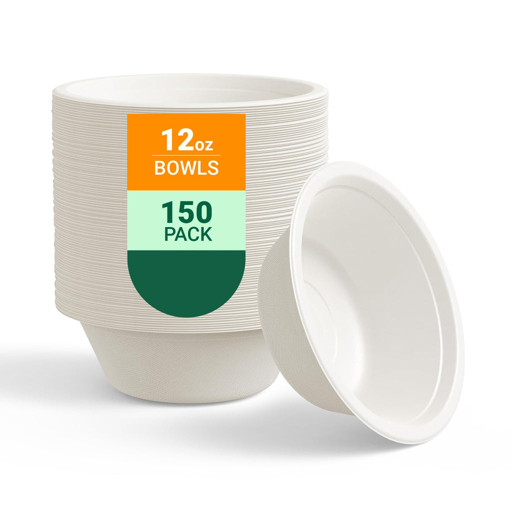 150 Pack 12 oz Compostable Paper Bowls Disposable, White | Heavy-Duty Biodegradable Bowls Made of Natural Sugarcane Bagasse, Perfect for Milk Cereals, Snacks, Salads, Desserts, Soups