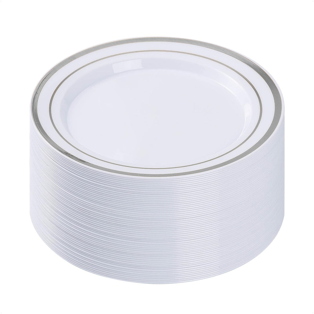 BESTVIP 100Pcs Silver Plastic Plates, 10.25 Inch Disposable Party Plates | Heavy Duty Dinner Dish with Rim for Christmas, Thanksgiving, Wedding, Birthday & Special Events