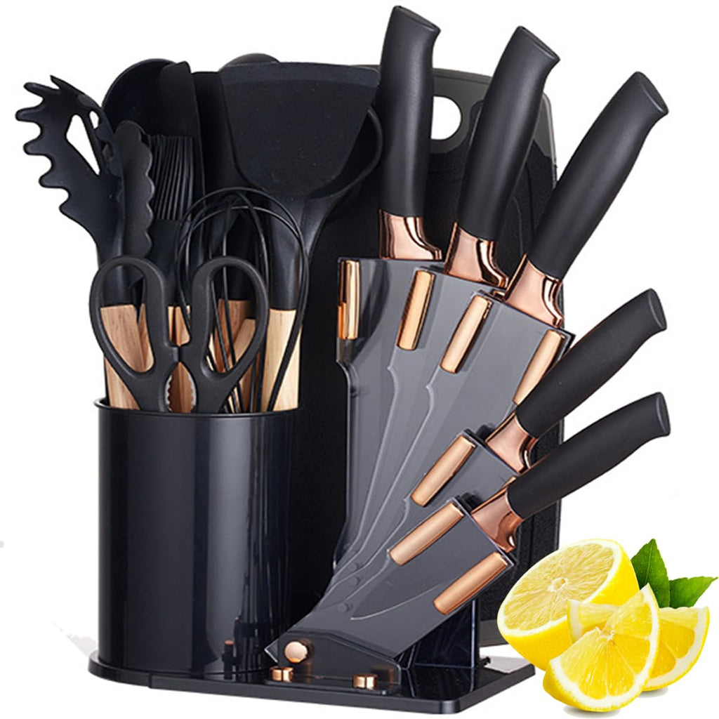 19 Pieces Kitchen Cooking Utensils and Knife Set with Holder Block, Include 11 Pcs Silicone Cooking Utensils 5 Pcs Sharp Stainless Steel Knives Scissors Whisk Tongs and Cutting Board (WHITE)