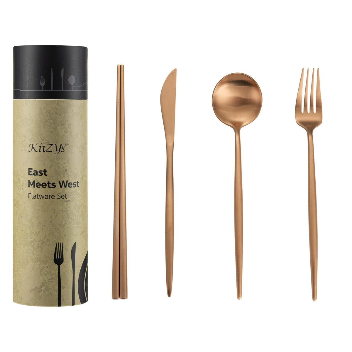 Matte Copper Silverware Set Reusable Chopsticks - KiiZYs 14-piece Stainless Steel Utensils Set Kitchen Accessories - Modern Flatware Spoon Fork Knife - Cutlery Set Gift Box (Matte Copper, 2 Sets)