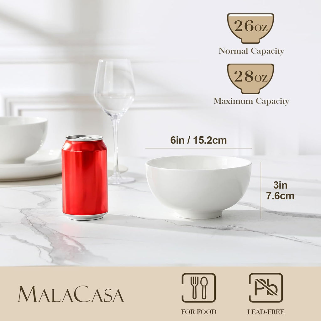 MALACASA 26 Oz White Ceramic Soup Bowls of 4, Cereal Bowls for Kitchen | Perfect for soup, cereal, dinner, noodles,ramen or fruit; scratch-resistant, stackable, microwave, oven & dishwasher safe