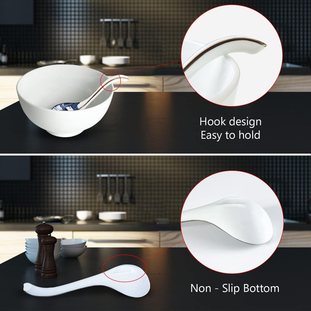 Asian Ceramic Soup Spoon, with Long Handle Easy to Hold, Non-slip Bottom, for Japanese Ramen, Chinese and Vietnamese Wonton, Noodle Soup Spoons (V86)