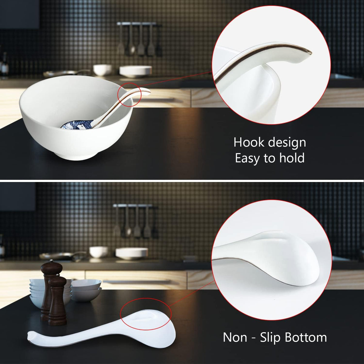 Asian Ceramic Soup Spoon, with Long Handle Easy to Hold, Non-slip Bottom, for Japanese Ramen, Chinese and Vietnamese Wonton, Noodle Soup Spoons (V86)