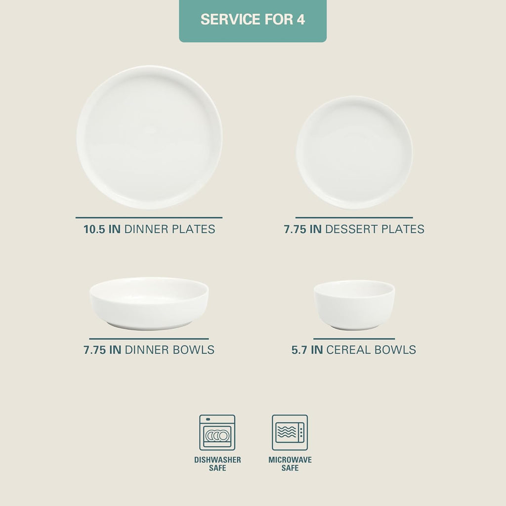 Gibson Home Plates and Bowls Sets - Dinnerware Set for 4, 16-Piece White Dishes — Ceramic Dish Set| Microwave & Dishwasher Safe Dishes - Oslo Collection