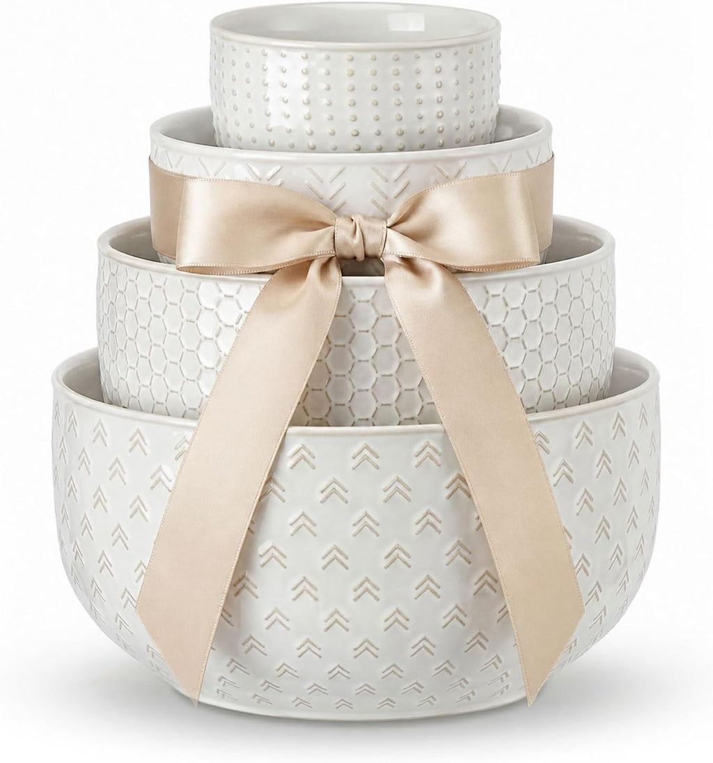 Lareina Ceramic Large Mixing Bowls Set of 4, 20/44/98/145 OZ, Ivory White | Nesting Bowls for Cooking, Baking, Salad Etc, Serving Bowls Gift, Kitchen Stoneware, Oven, Microwave and Dishwasher Safe