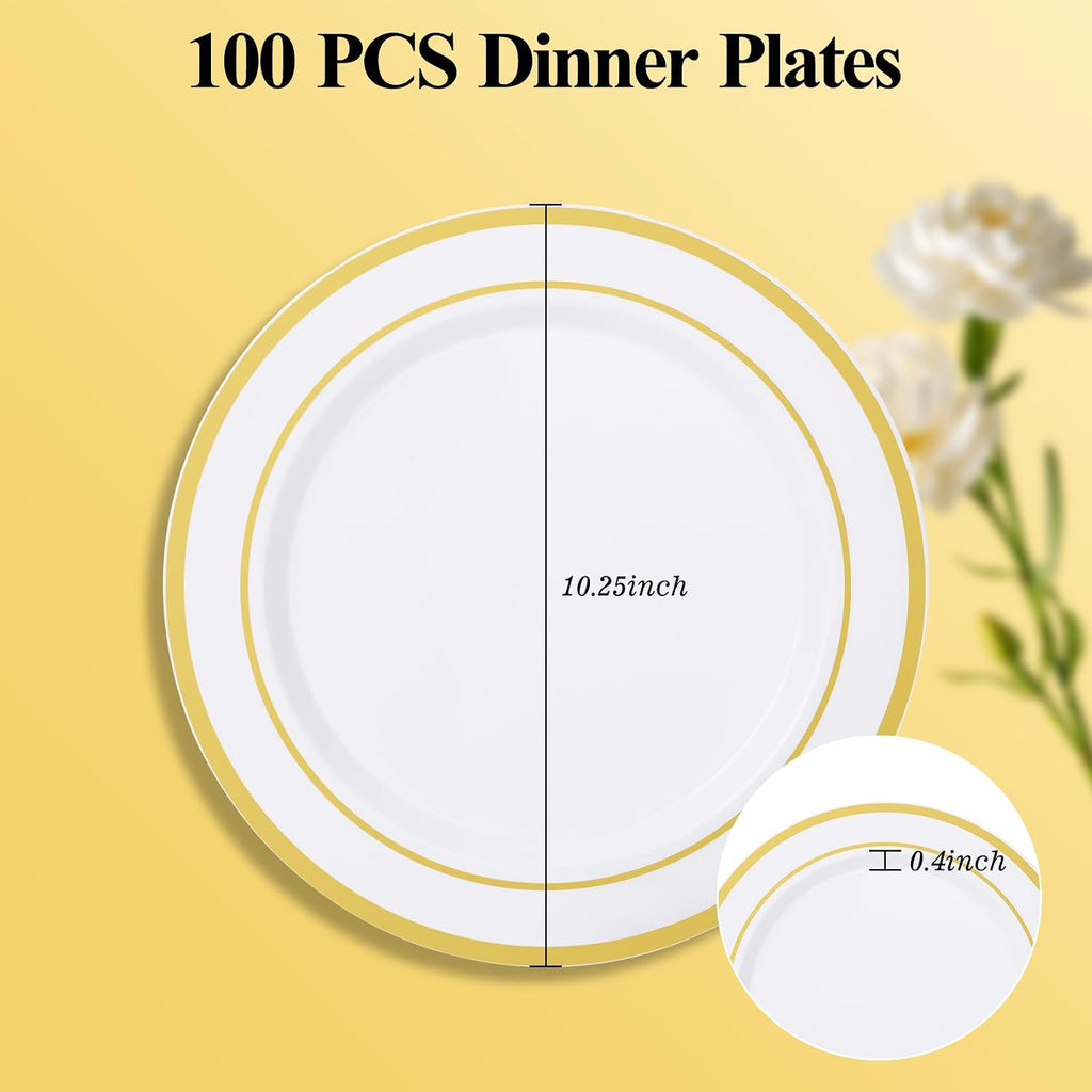 100 Pack 10.25 Inch Gold Rim Plastic Dinner Plates | Heavy Duty Disposable Plastic Party Plates Bulk for Wedding, Birthday & Daily Use