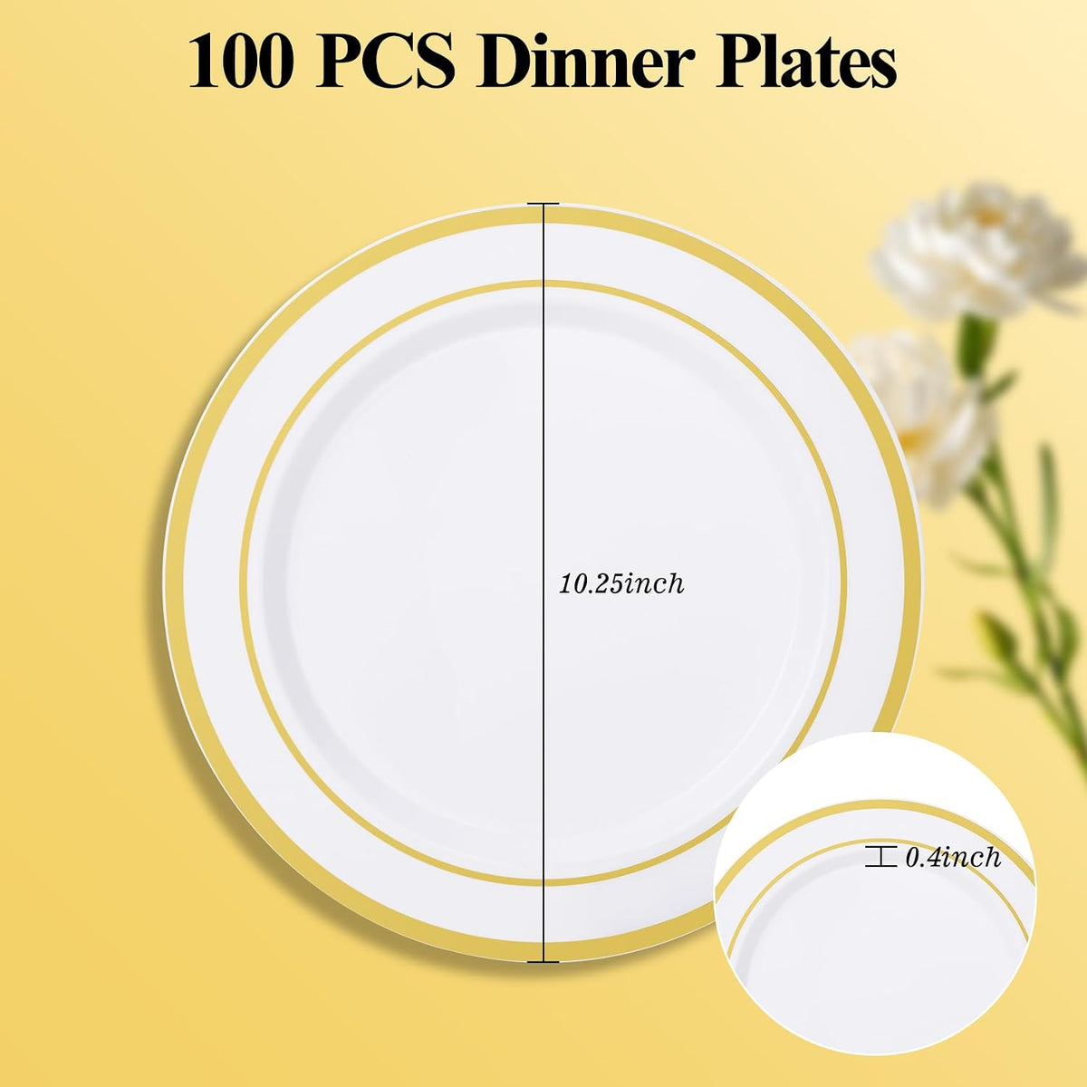 100 Pack 10.25 Inch Gold Rim Plastic Dinner Plates | Heavy Duty Disposable Plastic Party Plates Bulk for Wedding, Birthday & Daily Use