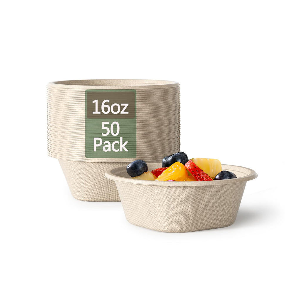 48 Oz Disposable Bowls - Heavy Duty and Compostable Bowl - Made from Sugarcane and Bamboo Fibers, Microwave Safe - Large Paper Bowl for Soup, Salad, Ramen, Popcorn, etc. [50 Pack]