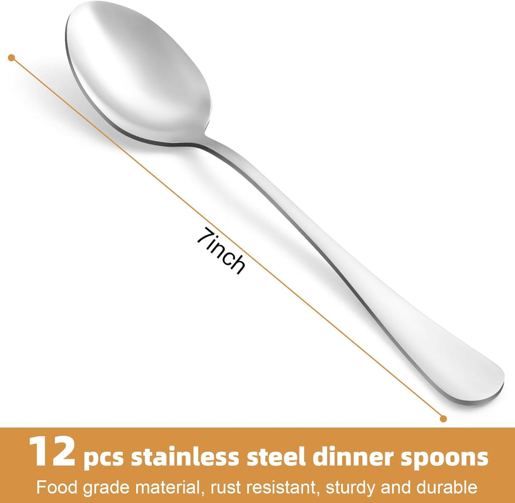 12 Pcs Dinner Spoons Set, Food-Grade Stainless Steel Tablespoons, Durable Metal Table Spoon, Cutlery Soup Spoons Silverware for Home, Kitchen or Restaurant, Mirror Polished, Dishwasher Safe - 7 Inch