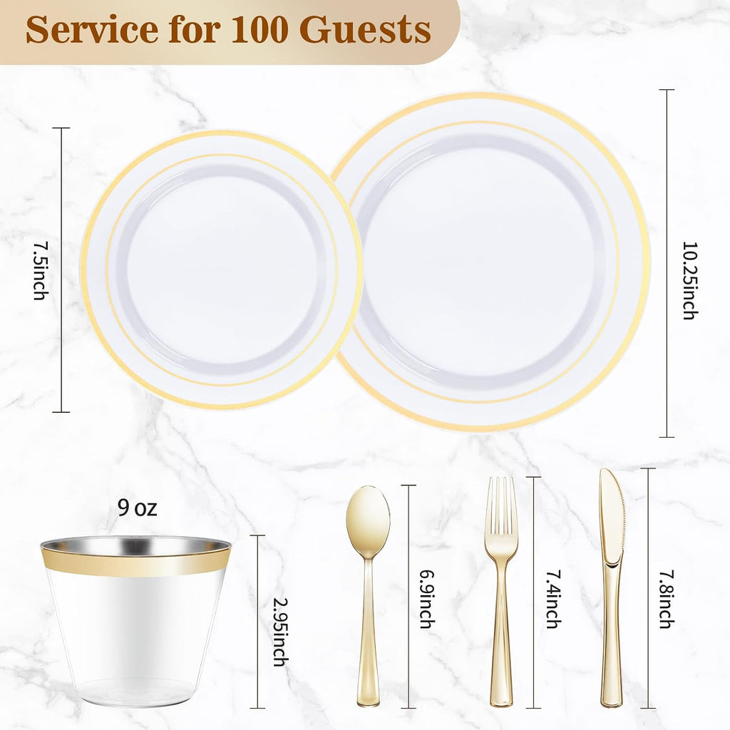 BESTVIP 600PCS Gold Dinnerware Set for 100 Guests, | for Party, 100 Gold Disposable Plates, 100 Dessert Plates, 100 Cups, 100 Spoons, 100 Forks and 100 Knives