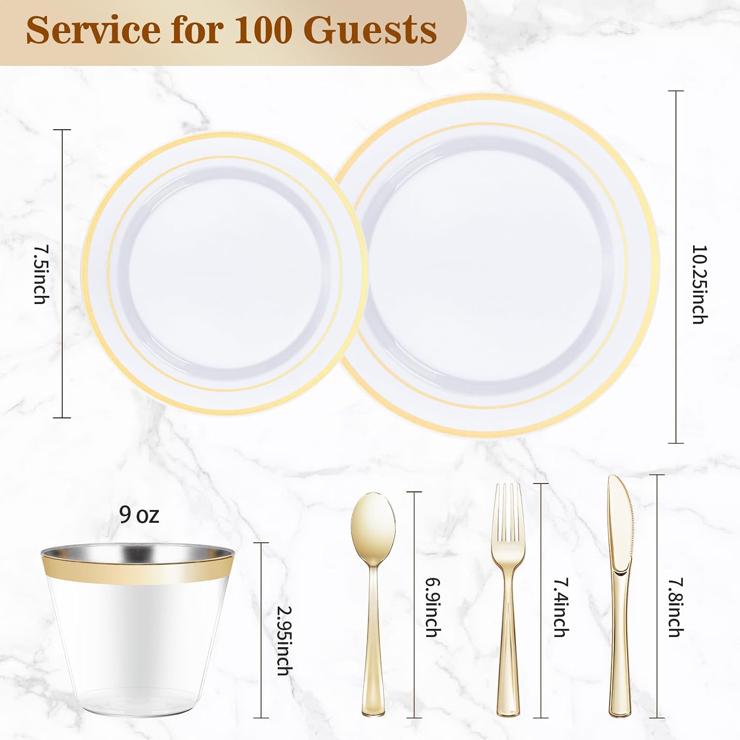 BESTVIP 600PCS Gold Dinnerware Set for 100 Guests, | for Party, 100 Gold Disposable Plates, 100 Dessert Plates, 100 Cups, 100 Spoons, 100 Forks and 100 Knives