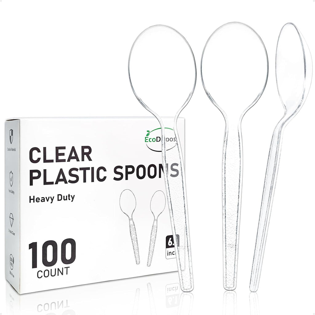EcoDispose 100 Count Disposable Clear Plastic Spoons, Heavy Duty Cutlery | Heat Resistant, BPA-Free, Durable Plastic Silverware, for Catering Party Event Supply