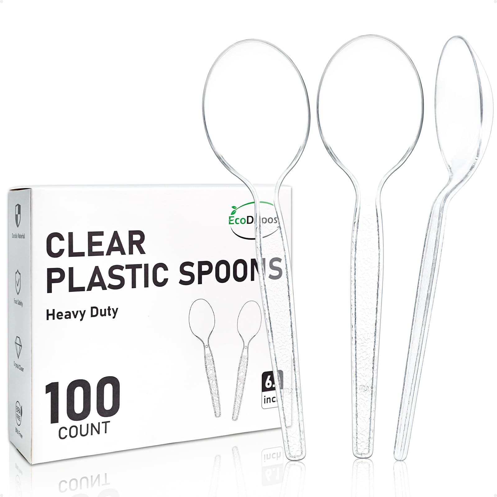 EcoDispose 100 Count Disposable Clear Plastic Spoons, Heavy Duty Cutlery | Heat Resistant, BPA-Free, Durable Plastic Silverware, for Catering Party Event Supply