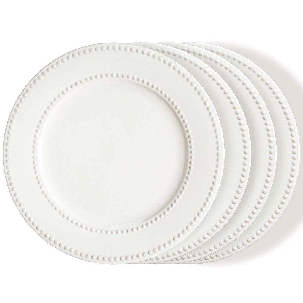 Dinner Plates Set of 4, 10.5 inch White Ceramic Plates, Embossed Salad Plates, Serving Plates for Steak Appetizer, Reusable Kitchen Dining Plates for Restaurant, Dishwasher Microwave Safe