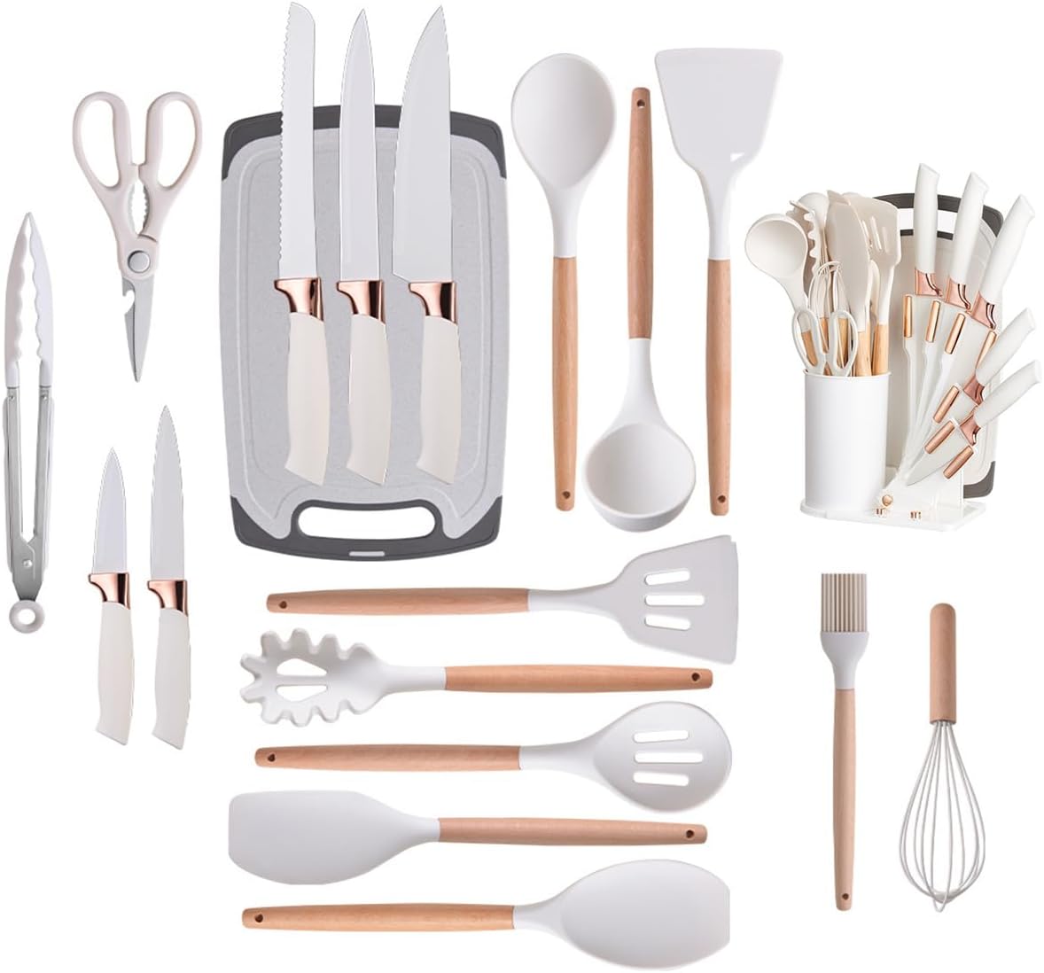 19 Pieces Kitchen Cooking Utensils and Knife Set with Holder Block, Include 11 Pcs Silicone Cooking Utensils 5 Pcs Sharp Stainless Steel Knives Scissors Whisk Tongs and Cutting Board (WHITE)