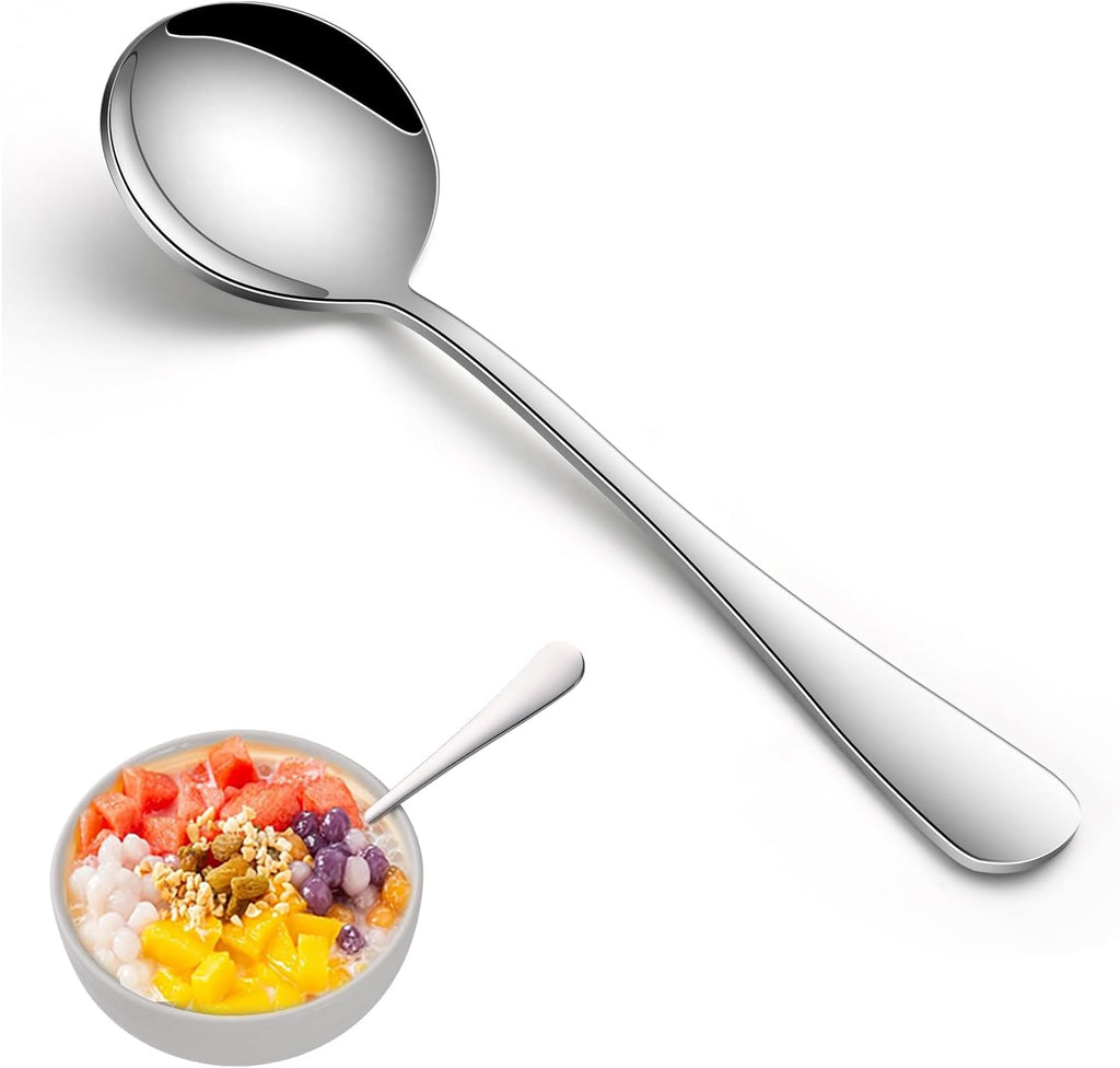Round Soup Spoons Set of 8, 7.4 Inch Classic Metal Kitchen Silverware Spoons, Mirror Polished Stainless Steel Spoons for Cereal, Dessert