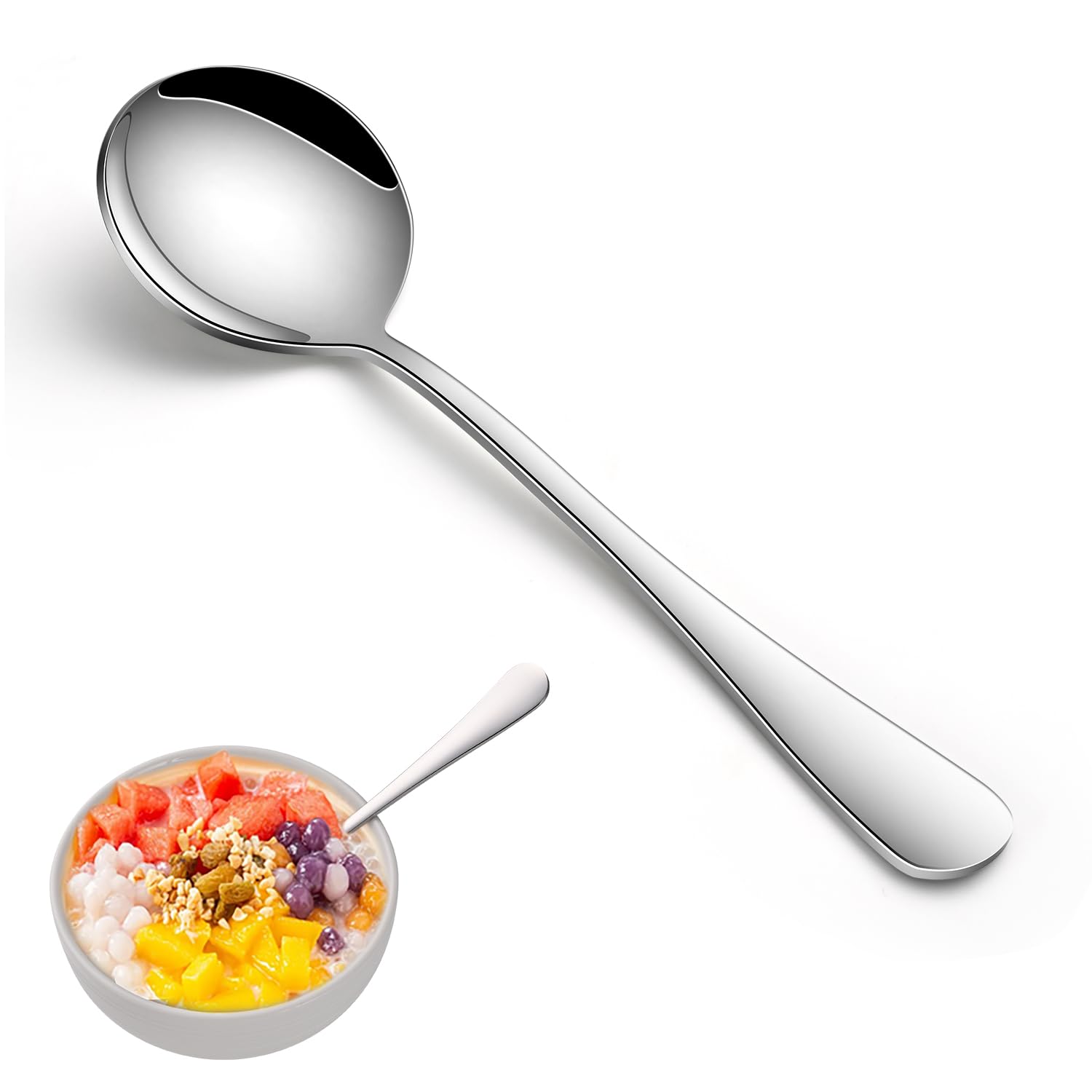 Round Soup Spoons Set of 8, 7.4 Inch Classic Metal Kitchen Silverware Spoons, Mirror Polished Stainless Steel Spoons for Cereal, Dessert