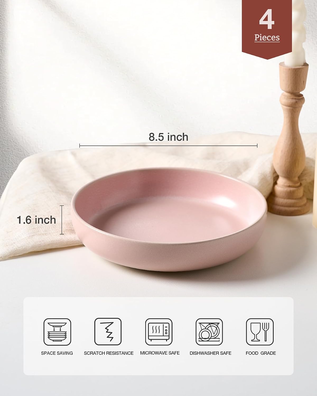 famiware Milkyway 33 oz Pasta Bowls Set of 4, Light Pink | Double Reactive Glaze, Scratch-Resistant Stoneware Salad Bowls, Stackable, Dishwasher & Microwave Safe, Lead-Free