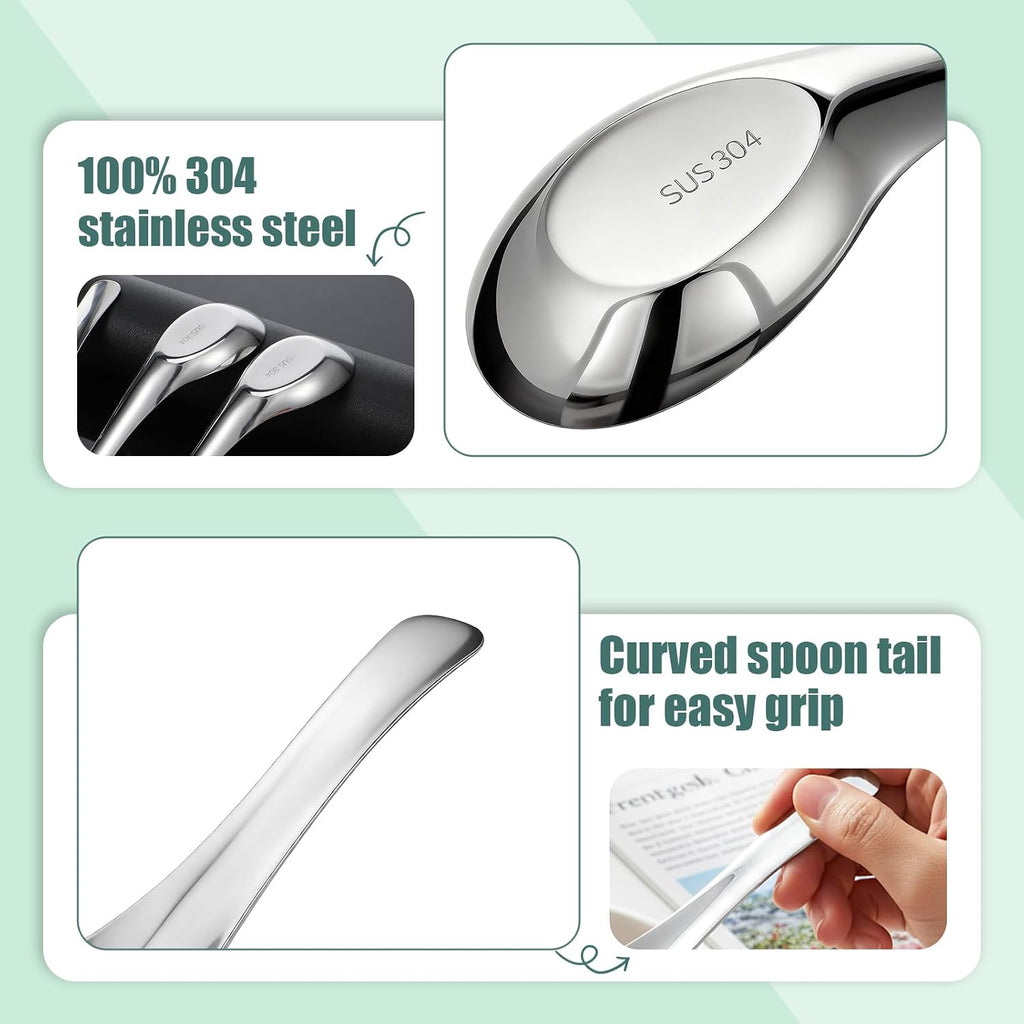 12 Pcs 304 Stainless Steel Asian Soup Spoons, Chinese Soup Spoons | Stainless Steel Soup Spoons, Mirror Polished Dinner Spoons for Bouillon Dessert Cereal Ramen Thai Miso, Silver