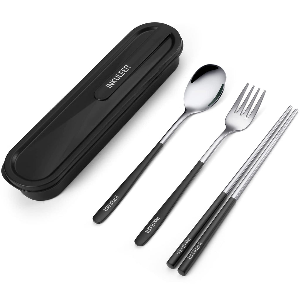 iNKULEER Travel cutlery set, 18/8 stainless steel cutlery, Reusable utensils set with case, Portable Silverware Lunch Box for Camping and Office (Pink)