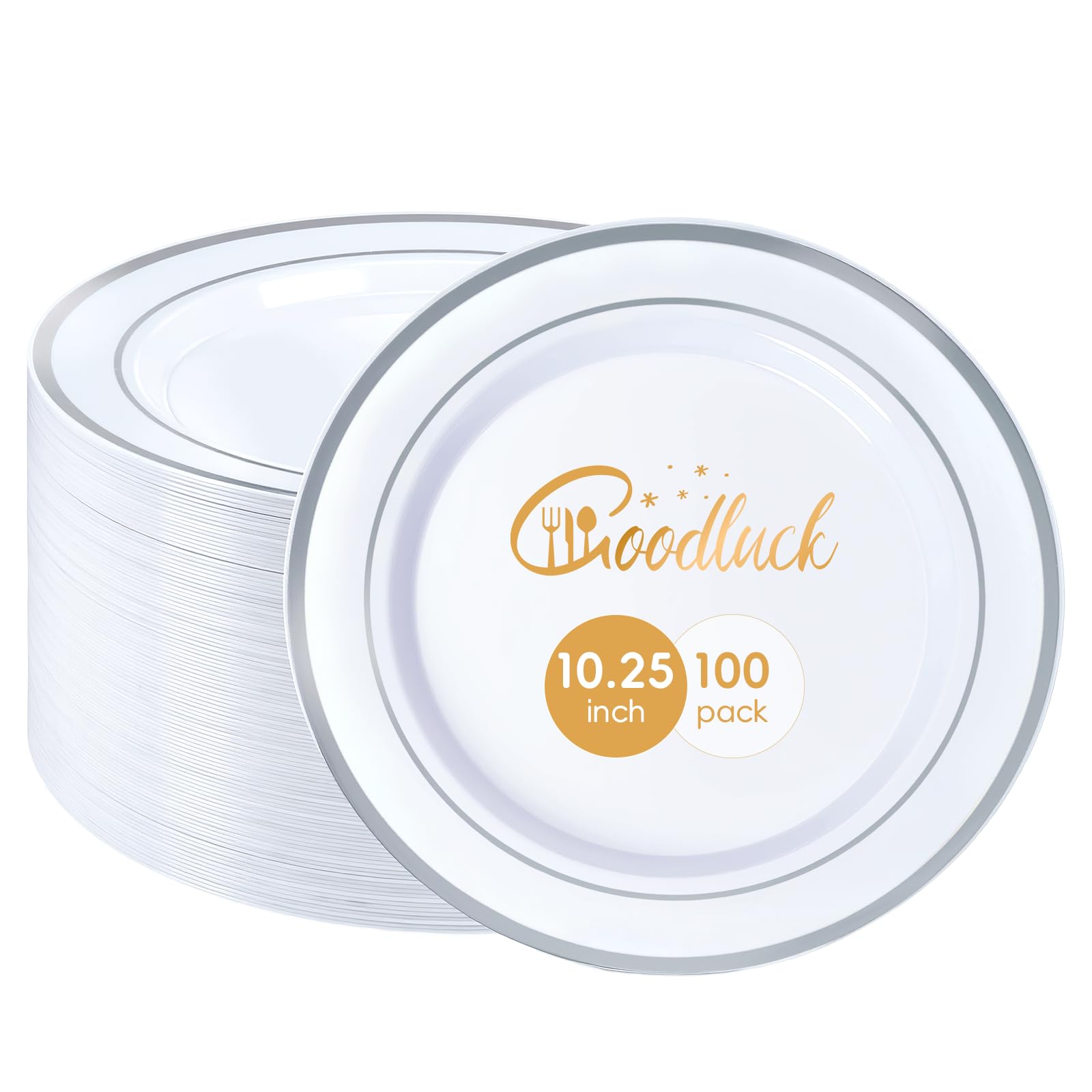 100 Pack 10.25 Inch Gold Rim Plastic Dinner Plates | Heavy Duty Disposable Plastic Party Plates Bulk for Wedding, Birthday & Daily Use