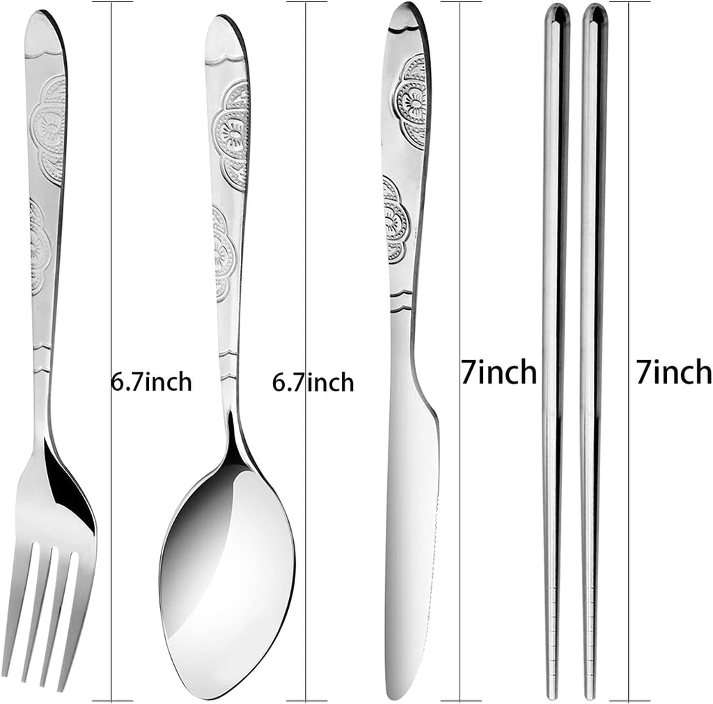 Arroyner 3 Pack Reusable Flatware Sets Knife, Fork, Spoon, Chopsticks, 12Pcs Portable Travel Stainless Steel Tableware Dinnerware with Carrying Case