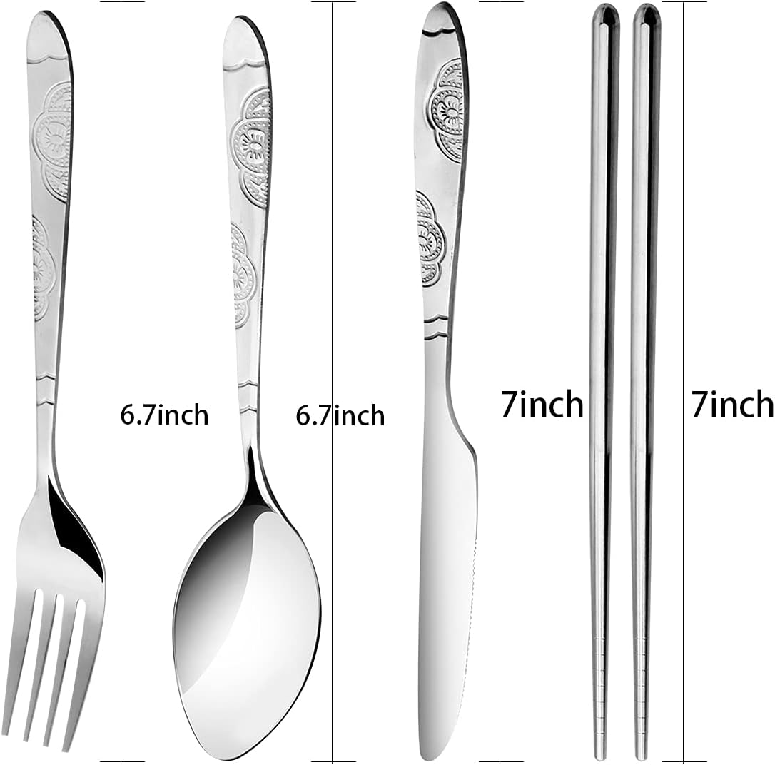 Arroyner 3 Pack Reusable Flatware Sets Knife, Fork, Spoon, Chopsticks, 12Pcs Portable Travel Stainless Steel Tableware Dinnerware with Carrying Case