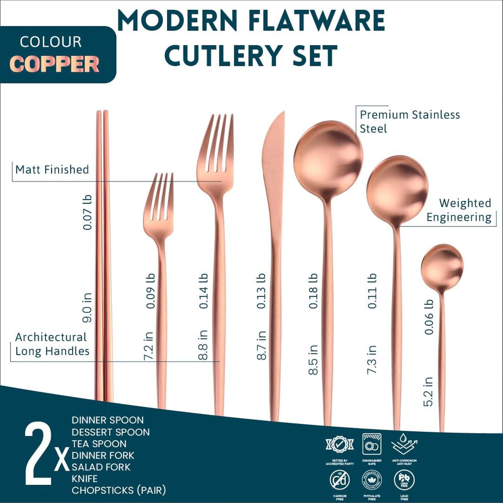Matte Copper Silverware Set Reusable Chopsticks - KiiZYs 14-piece Stainless Steel Utensils Set Kitchen Accessories - Modern Flatware Spoon Fork Knife - Cutlery Set Gift Box (Matte Copper, 2 Sets)