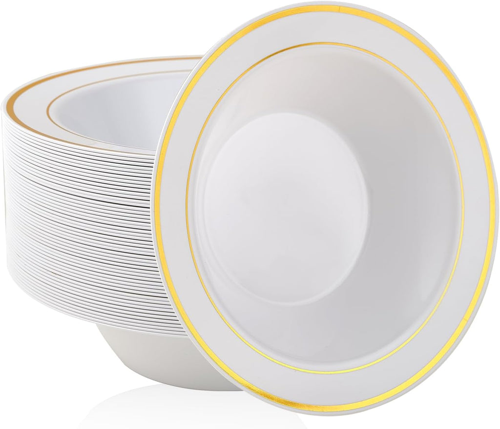 100PCS Plastic Bowls with Gold Rim 12oz Disposable Soup Bowls | Plastic Bowls for Christmas Thanksgiving Premium Dessert Salad Bowls for Wedding/Party/Halloween