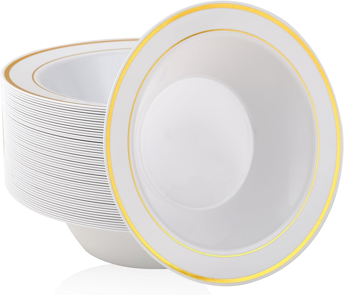 100PCS Plastic Bowls with Gold Rim 12oz Disposable Soup Bowls | Plastic Bowls for Christmas Thanksgiving Premium Dessert Salad Bowls for Wedding/Party/Halloween