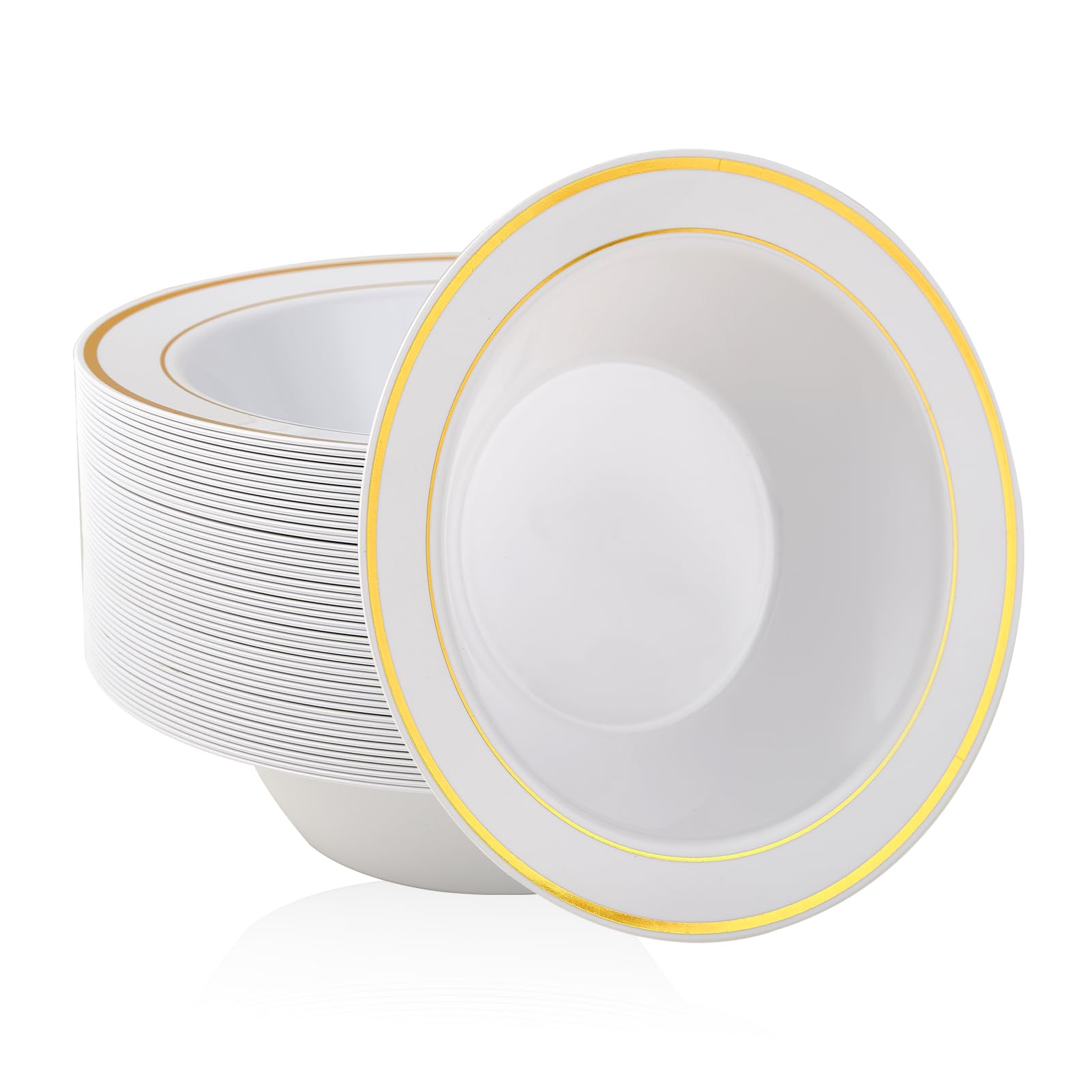100PCS Plastic Bowls with Gold Rim 12oz Disposable Soup Bowls | Plastic Bowls for Christmas Thanksgiving Premium Dessert Salad Bowls for Wedding/Party/Halloween