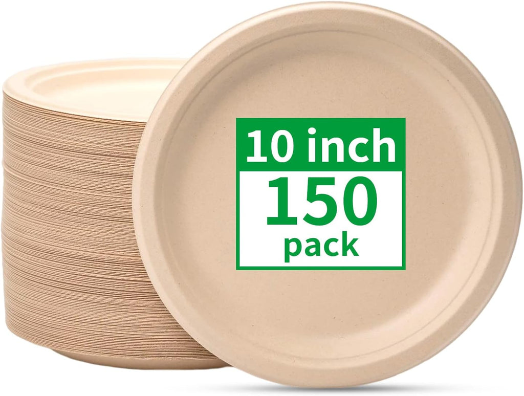 Compostable Paper Plates 10 Inch [150 Pack] | Unbleached Brown, Disposable Biodegradable Heavy Duty Paper Plates, Made of Natural Sugarcane Fibers, Round