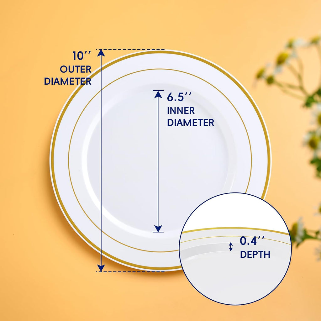 100 Pieces Gold Plastic Plates, 10 Inch Elegant Disposable Dinner White with Gold Rim, Disposable Plastic Plates for Christmas, Birthdays and Weddings