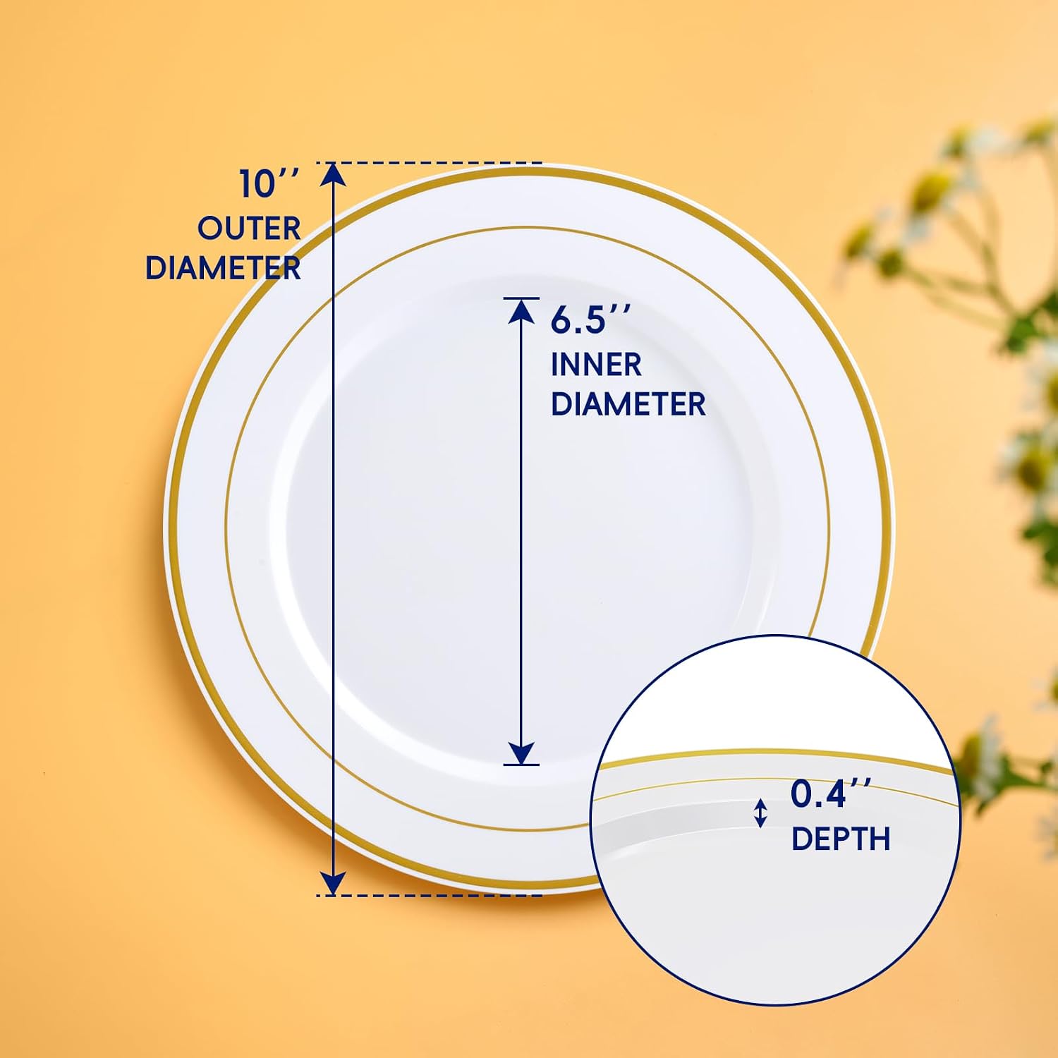 100 Pieces Gold Plastic Plates, 10 Inch Elegant Disposable Dinner White with Gold Rim, Disposable Plastic Plates for Christmas, Birthdays and Weddings