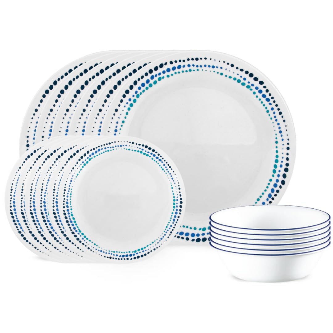 Corelle Vitrelle 18-Piece Service for 6 Dinnerware Set Triple Layer Glass and Chip Resistant, Lightweight Round Plates and Bowls Set, Winter Frost White
