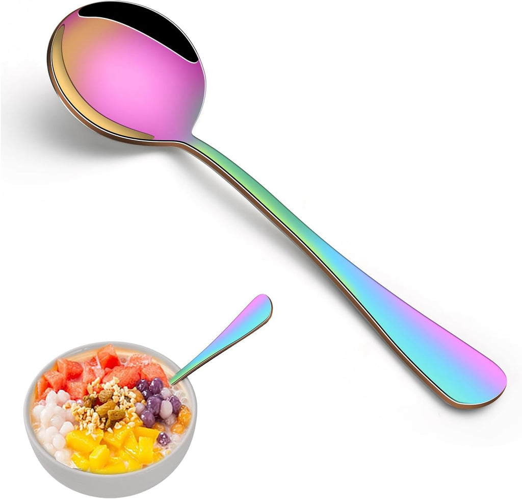8-Piece Rainbow Soup Spoons Set, 7.4 Inch Colorful Stainless Steel Silverware Round Spoon Set, Mirror Polished Iridescent Metal Spoons for Cereal & Dessert
