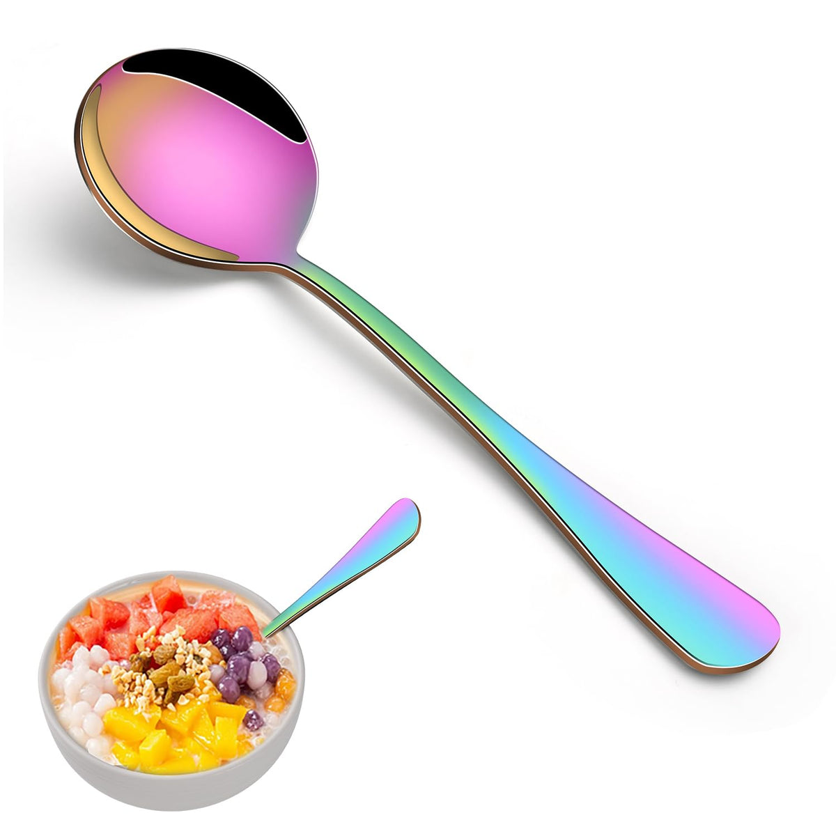 8-Piece Rainbow Soup Spoons Set, 7.4 Inch Colorful Stainless Steel Silverware Round Spoon Set, Mirror Polished Iridescent Metal Spoons for Cereal & Dessert