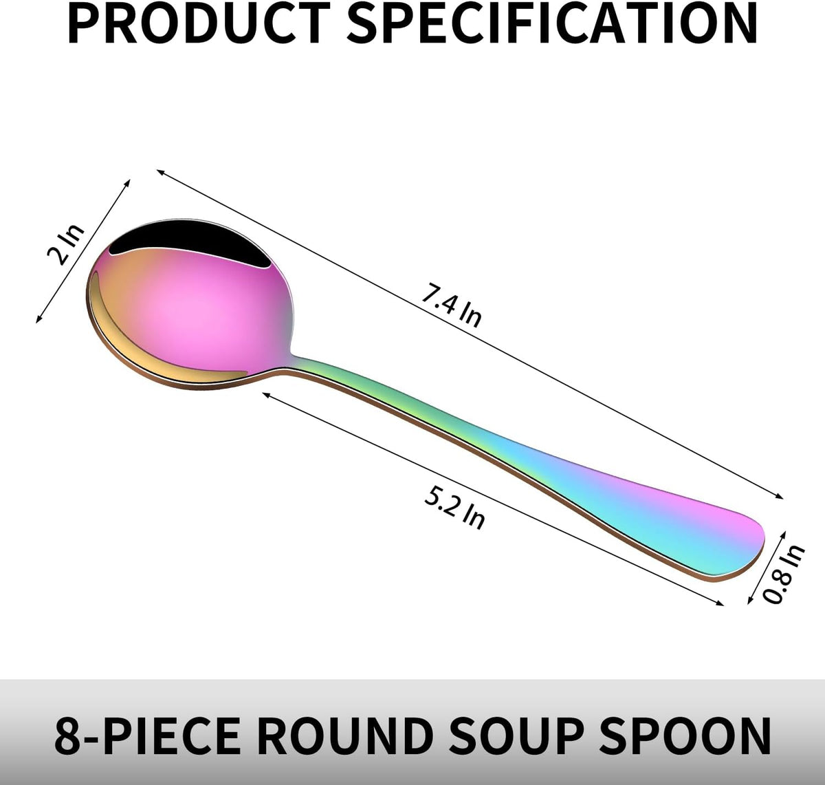 8-Piece Rainbow Soup Spoons Set, 7.4 Inch Colorful Stainless Steel Silverware Round Spoon Set, Mirror Polished Iridescent Metal Spoons for Cereal & Dessert