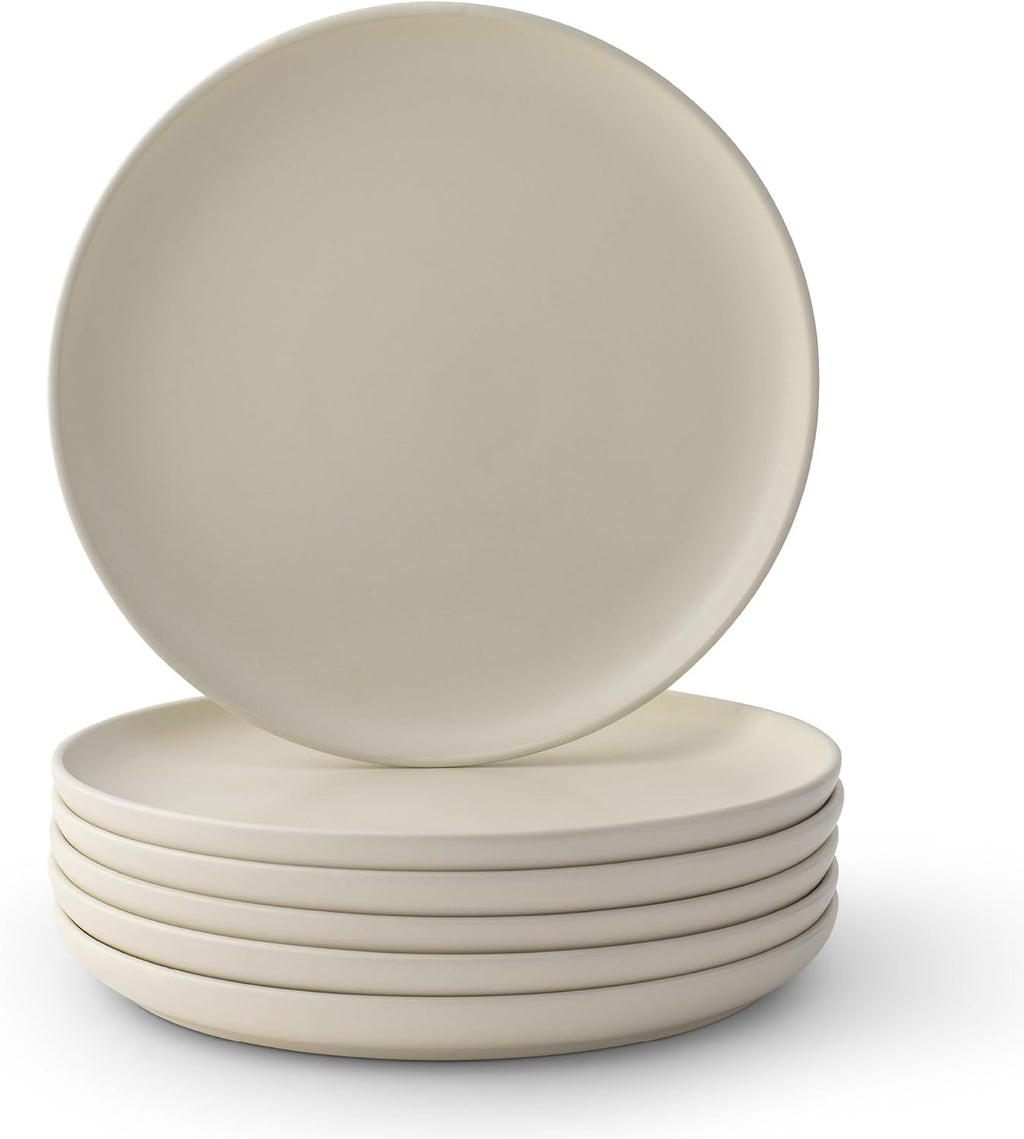 JoyJolt Mesa Stoneware Dinner Plates Set of 6, 10.5” Dish Set, Dishwasher and Microwave Safe Plate Set, Modern Rustic Dinnerware, Kitchen Serving Dishes - Matte White (Linen)