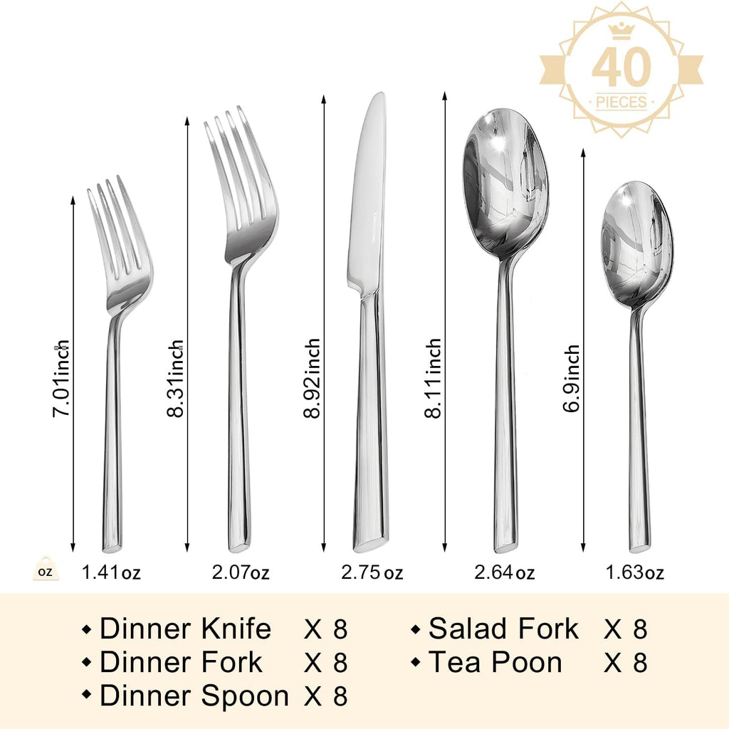 Silverware Set, 40-Piece Forged Flatware Cutlery Set Premium Stainless Steel, Service for 8, for Home, Wedding, Party,Gift, Mirror Polished and Dishwasher Safe