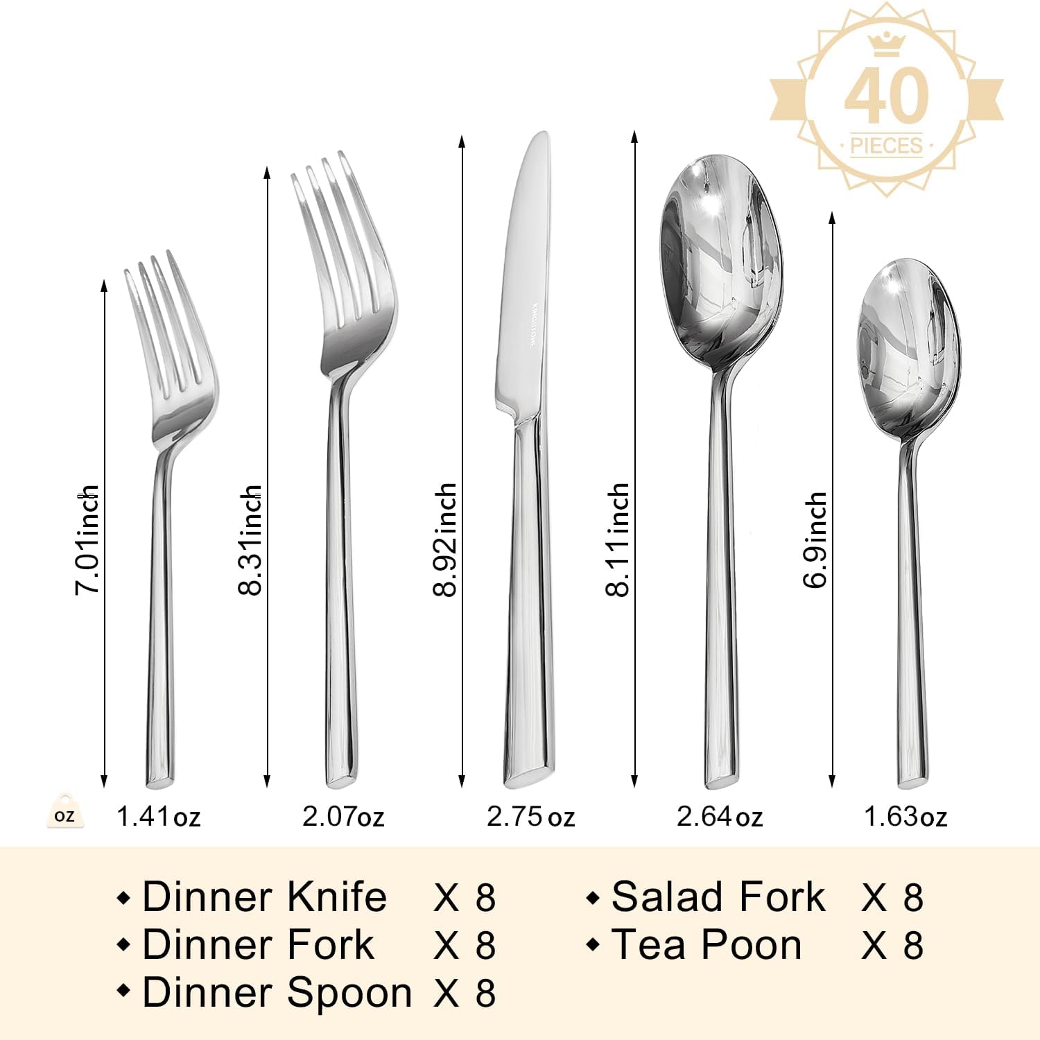 Silverware Set, 40-Piece Forged Flatware Cutlery Set Premium Stainless Steel, Service for 8, for Home, Wedding, Party,Gift, Mirror Polished and Dishwasher Safe