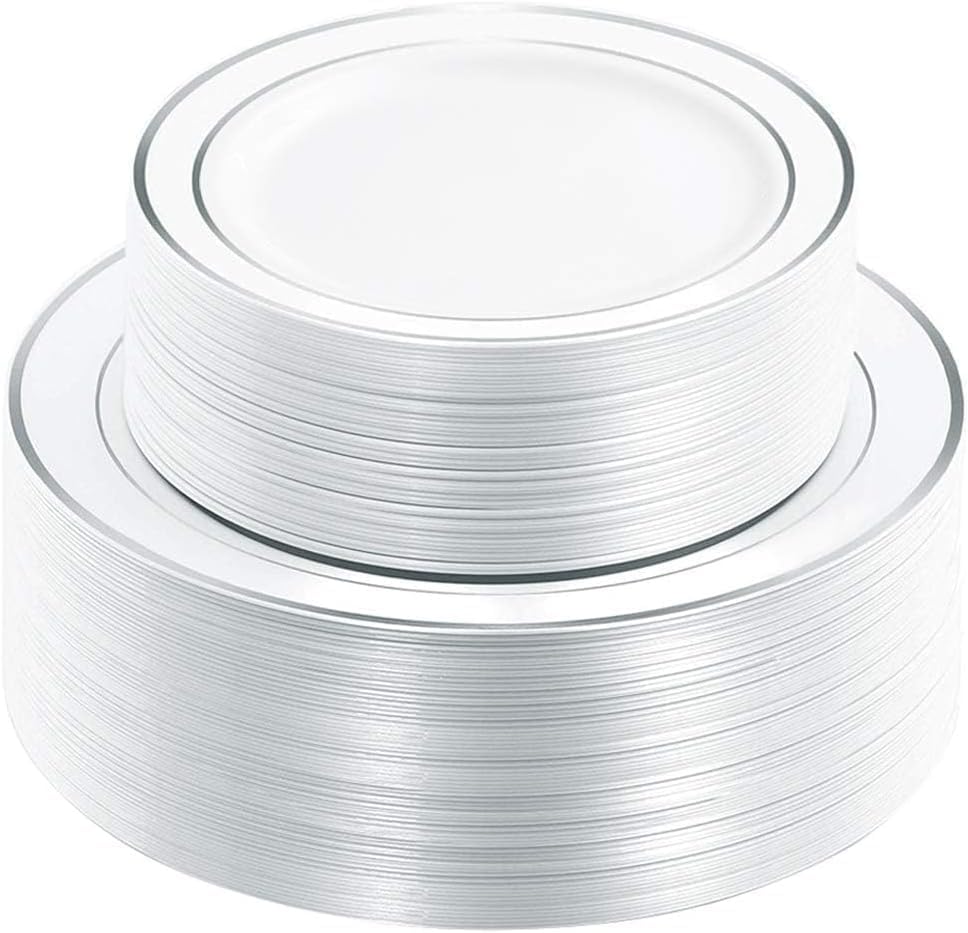120PCS Plastic Plates White Silver Rim - Disposable Plates including 60PCS for Dinner 10.25inch, 60 Salad/Dessert Plates 7.5inch Heavy Duty Wedding Party Birthday