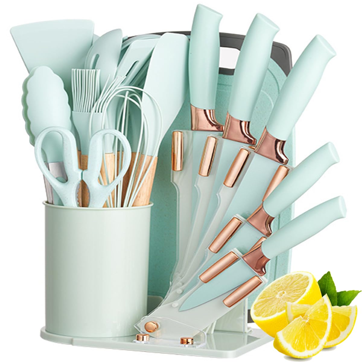 19 Pieces Kitchen Cooking Utensils and Knife Set with Holder Block, Include 11 Pcs Silicone Cooking Utensils 5 Pcs Sharp Stainless Steel Knives Scissors Whisk Tongs and Cutting Board (WHITE)